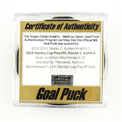 Jonathan Marchessault - Knights - Goal Puck - Apr. 21, 2019 vs. Sharks (Knights Logo) - 2019 Stanley Cup Playoffs - Rd 1, Gm 6
