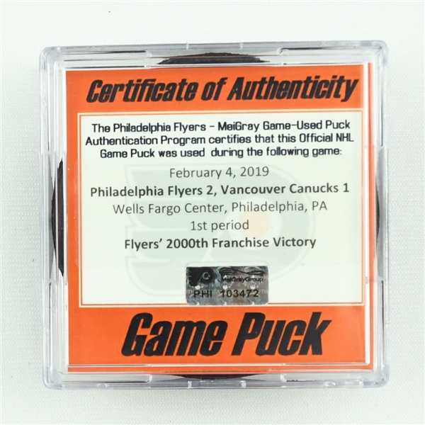 Flyers - Game Puck - February 4, 2019 vs. Vancouver Canucks (Flyers Logo) - Flyers 2000th Franchise Victory