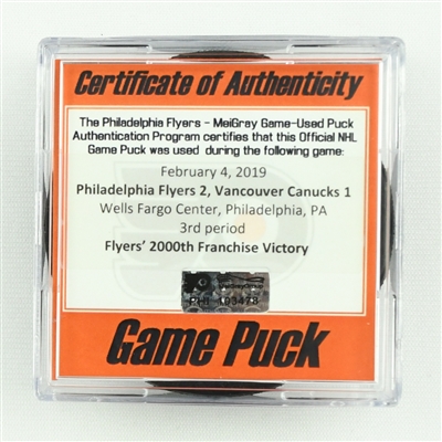 Flyers - Game Puck - February 4, 2019 vs. Vancouver Canucks (Flyers Logo) - Flyers 2000th Franchise Victory