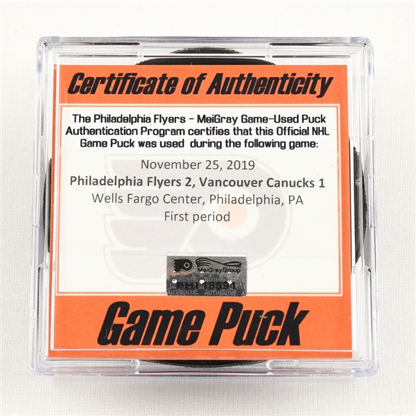 Game-Used Puck - Philadelphia Flyers - HFC Night, Nov. 25, 2019 - 1st Period - 1 of 2 (Flyers HFC Logo)