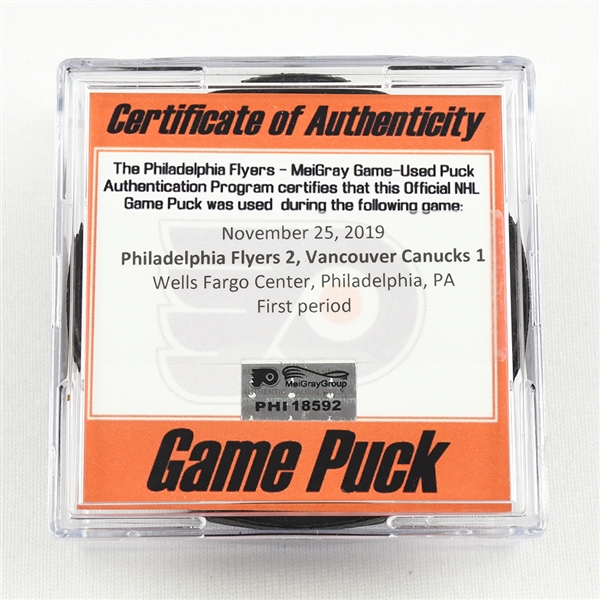 Game-Used Puck - Philadelphia Flyers - HFC Night, Nov. 25, 2019 - 1st Period - 1 of 2 (Flyers HFC Logo)