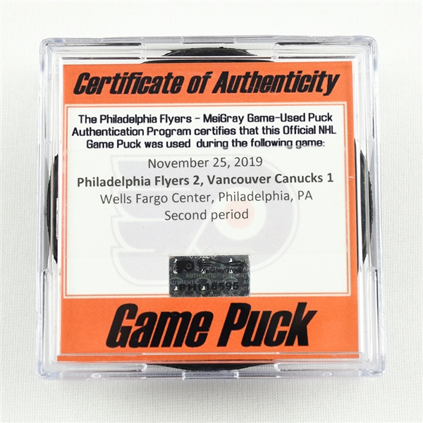 Game-Used Puck - Philadelphia Flyers - HFC Night, Nov. 25, 2019 - 2nd Period - 1 of 3 (Flyers HFC Logo)