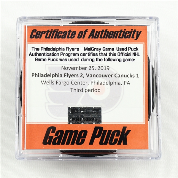 Game-Used Puck - Philadelphia Flyers - HFC Night, Nov. 25, 2019 - 3rd Period - 1 of 2 (Flyers HFC Logo)