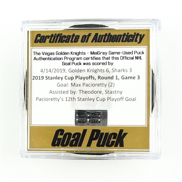 Max Pacioretty - Golden Knights - Goal Puck - Apr. 14, 2019 vs.Sharks (Knights Logo) - 2019 Stanley Cup Playoffs - Rd. 1, Game 3