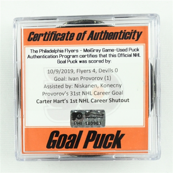Ivan Provorov - Goal Puck - October 9, 2019 vs. New Jersey Devils (Flyers Logo) - Carter Harts 1st NHL Career Shutout