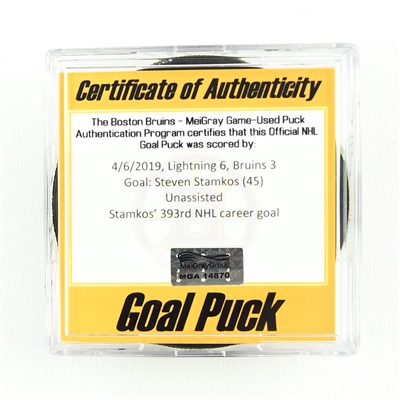 Steven Stamkos - Tampa Bay Lightning - Goal Puck - April 6, 2019 vs. Boston Bruins (Bruins Logo)
