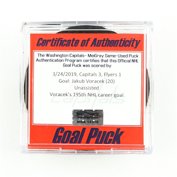 Jakub Voracek - Philadelphia Flyers - Goal Puck - March 24, 2019 vs. Washington Capitals (Capitals Logo)