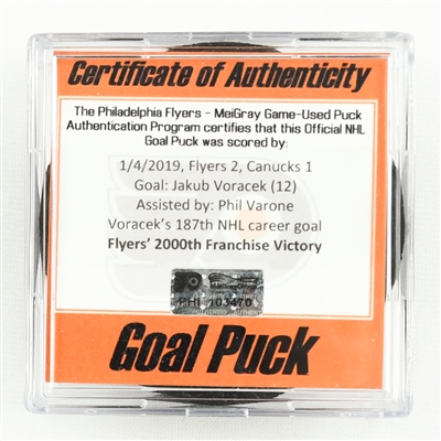 Jakub Voracek - Goal Puck - February 4, 2019 vs. Vancouver Canucks (Flyers Logo) - Flyers 2000th Franchise Victory