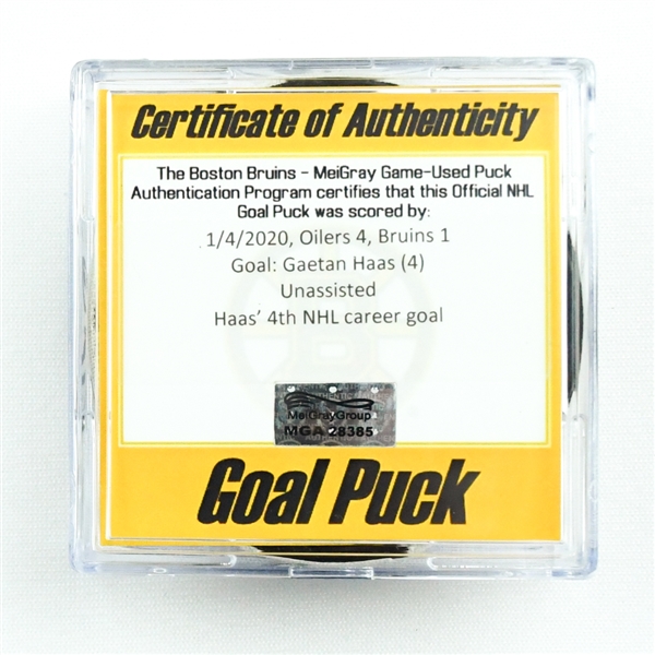 Gaetan Haas - Edmonton Oilers - Goal Puck - January 4, 2020 vs. Boston Bruins (Bruins Logo)