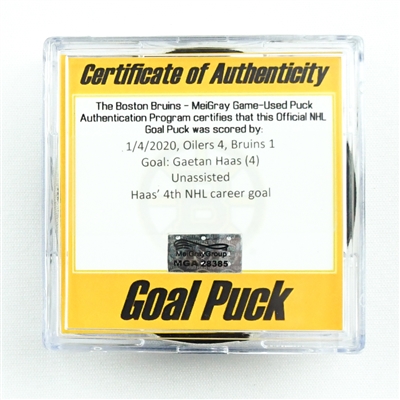 Gaetan Haas - Edmonton Oilers - Goal Puck - January 4, 2020 vs. Boston Bruins (Bruins Logo)