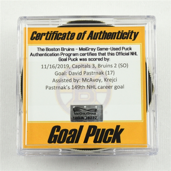 David Pastrnak - Boston Bruins - Goal Puck - November 16, 2019 vs. Washington Capitals (Bruins Logo)