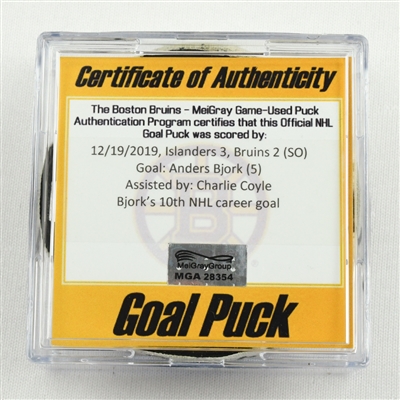 Anders Bjork - Boston Bruins - Goal Puck - December 19, 2019 vs. New York Islanders (Bruins Logo)