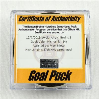 Valeri Nichushkin - Colorado Avalanche - Goal Puck - December 7, 2019 vs. Boston Bruins (Bruins Logo)