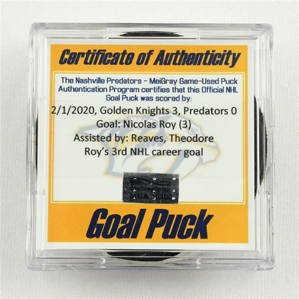 Nicolas Roy - Vegas Golden Knights - Goal Puck - February 1, 2020 vs. Nashville Predators (Predators Logo)
