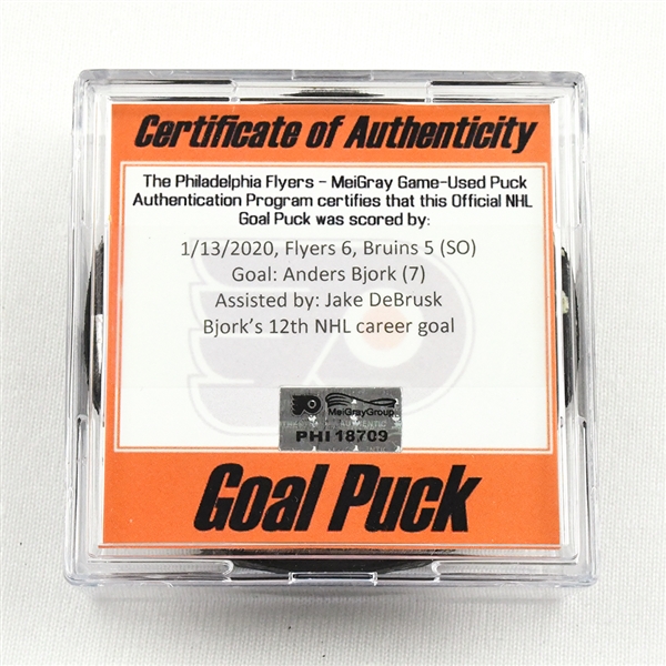 Anders Bjork - Boston Bruins - Goal Puck - January 13, 2020 vs. Philadelphia Flyers (Flyers Logo)