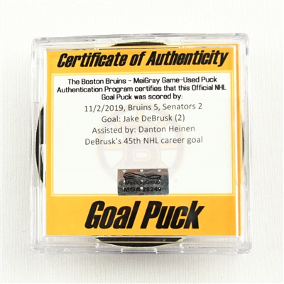 Jake DeBrusk - Boston Bruins - Goal Puck - November 2, 2019 vs. Ottawa Senators (Bruins Logo)