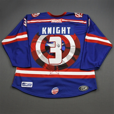 Cam Knight - Capt. America - 2019-20 MARVEL Super Hero Night - Game-Worn Autographed Jersey and Socks 