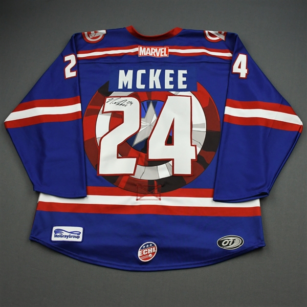 Mike McKee - Capt. America - 2019-20 MARVEL Super Hero Night - Game-Worn Autographed Jersey and Socks 