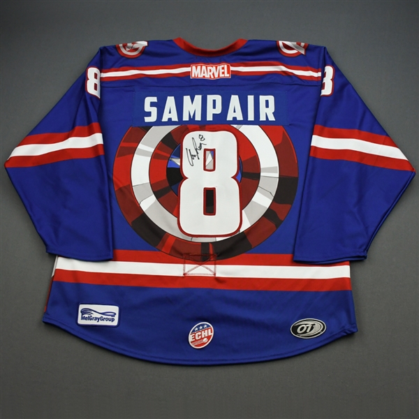 Charlie Sampair - Capt. America - 2019-20 MARVEL Super Hero Night - Game-Worn Autographed Jersey and Socks 