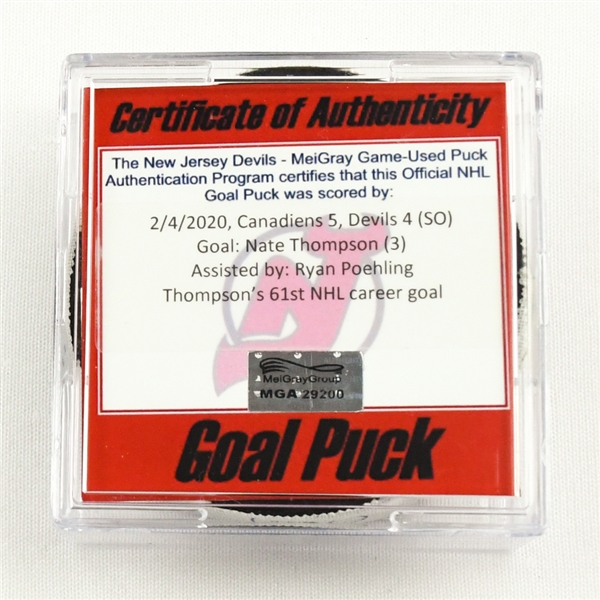 Nate Thompson - Montreal Canadiens - Goal Puck - February 4, 2020 vs. New Jersey Devils (Devils Logo)