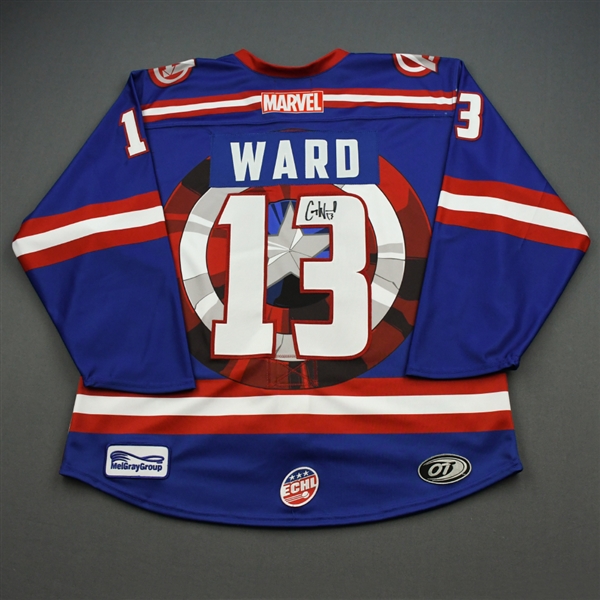 Cory Ward - Capt. America - 2019-20 MARVEL Super Hero Night - Game-Worn Autographed Jersey and Socks 
