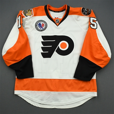 Michael DelZotto - Philadelphia Flyers - White HHOF Game w/ 50th Anniversary & Ed Snider Patches  