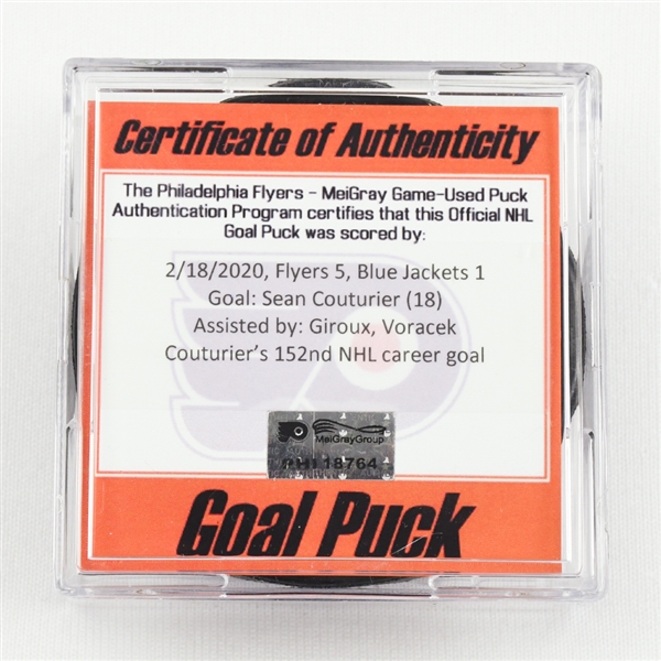 Sean Couturier - Philadelphia Flyers - Goal Puck - February 18, 2020 vs. Columbus Blue Jackets (Flyers Logo)