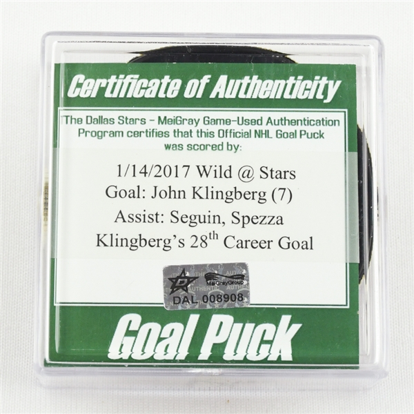John Klingberg - Dallas Stars - Goal Puck - January 14, 2017 vs. Minnesota Wild (Stars Logo)