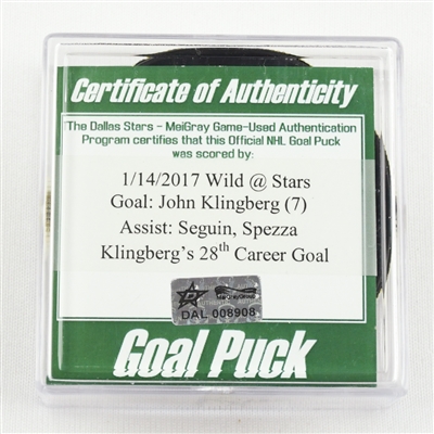 John Klingberg - Dallas Stars - Goal Puck - January 14, 2017 vs. Minnesota Wild (Stars Logo)