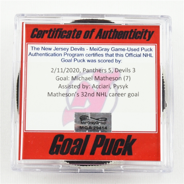 Mike Matheson - Florida Panthers - Goal Puck - February 11, 2020 vs. New Jersey Devils (Devils Logo)