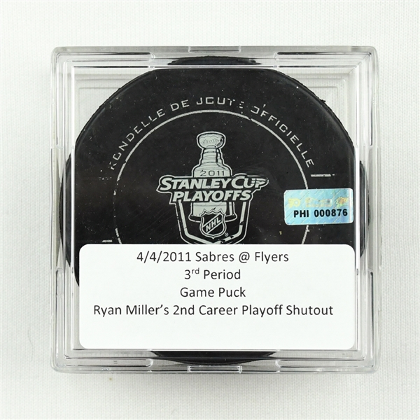 Philadelphia Flyers - Game Puck - April 14, 2011 vs. Sabres 3rd Period - Ryan Millers 2nd Career Playoff Shutout