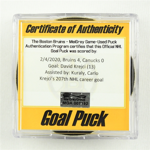 David Krejci - Bruins - Goal Puck - February 4, 2020 vs. Canucks (Bruins Logo)