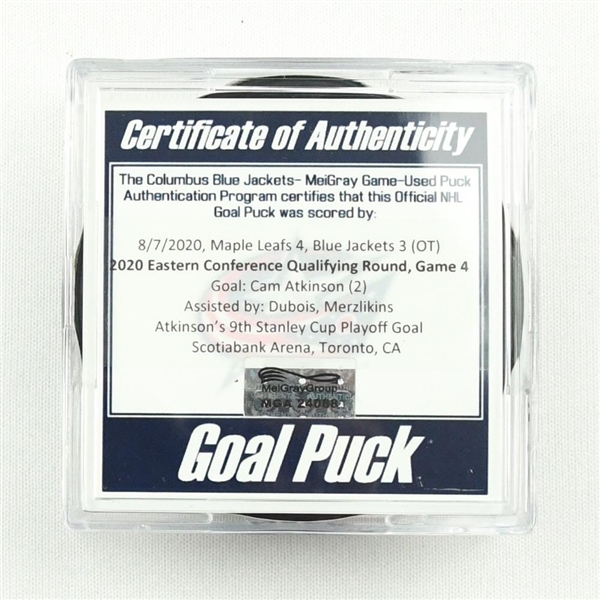 Cam Atkinson - Blue Jackets - Goal Puck - Aug. 7, 2020 vs. Maple Leafs (Blue Jackets Logo) - 2020 Eastern Conf. Qualifying Round - Game 4