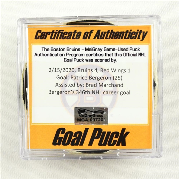 Patrice Bergeron - Bruins - Goal Puck - Feb. 15, 2020 vs. Detroit Red Wings (Bruins Logo)