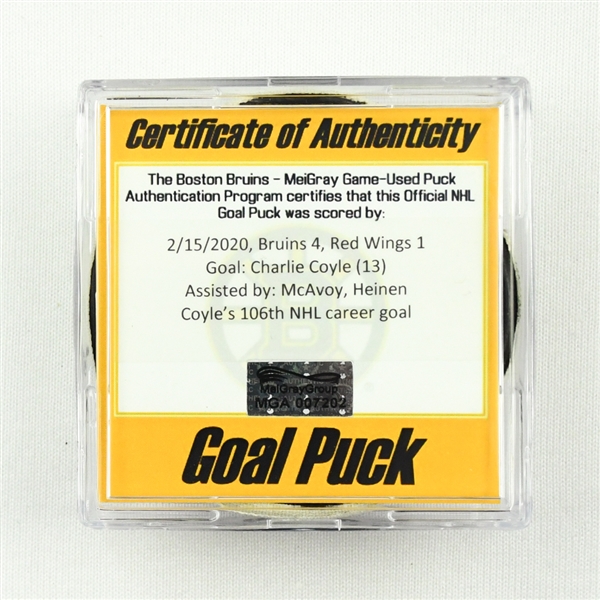 Charlie Coyle - Boston Bruins - Goal Puck - February 15, 2020 vs. Detroit Red Wings (Bruins Logo)