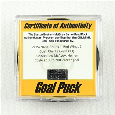 Charlie Coyle - Boston Bruins - Goal Puck - February 15, 2020 vs. Detroit Red Wings (Bruins Logo)