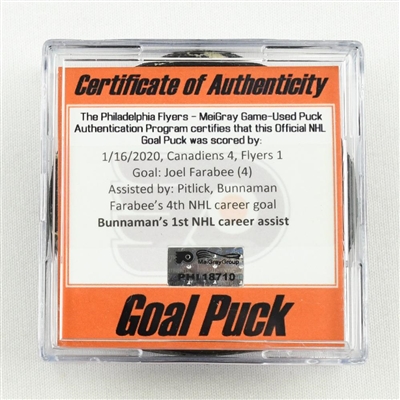 Joel Farabee - Philadelphia Flyers - Goal Puck - January 16, 2020 vs. Montreal Canadiens (Flyers Logo)