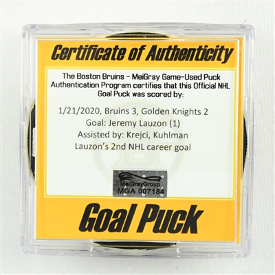 Jeremy Lauzon - Bruins - Goal Puck - January 21, 2020 vs. Vegas Golden Knights (Bruins Logo)