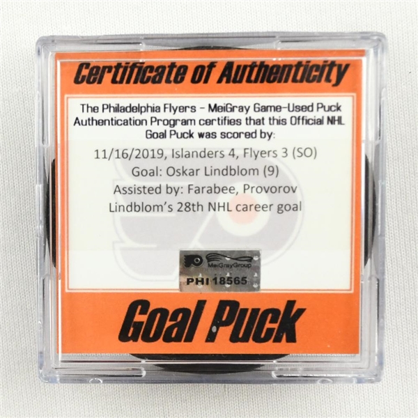 Oskar Lindblom - Flyers - Goal Puck - Nov. 16, 2019 vs. Islanders (Flyers Camo Logo)