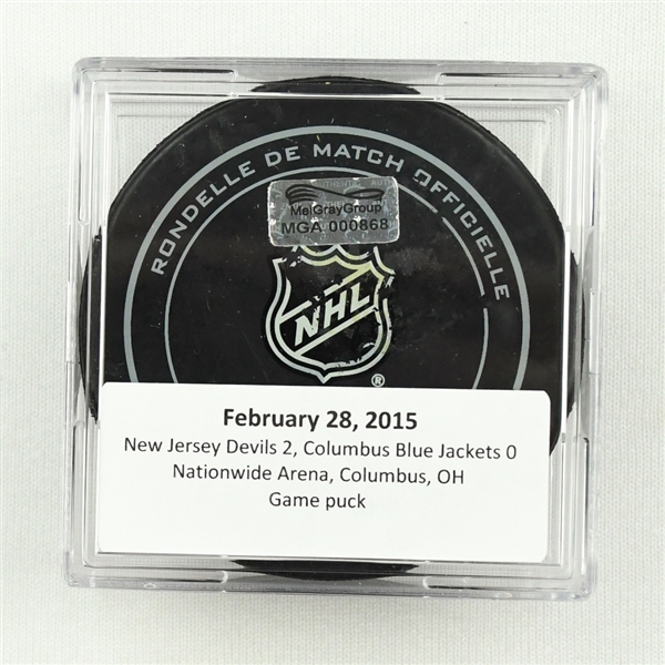 Columbus Blue Jackets - Game Puck - Feb. 28, 2015 vs. Devils (Blue Jackets Logo) - Cory Schneiders 16th Career Shutout