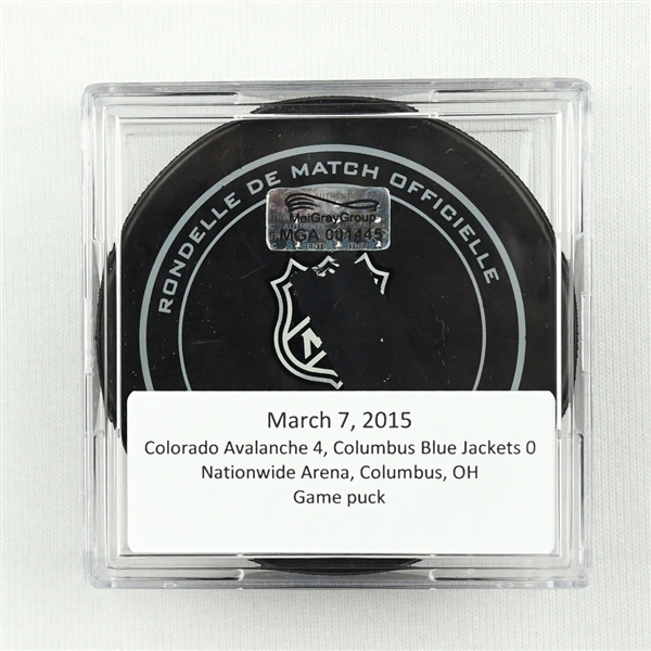 Columbus Blue Jackets - Game Puck - March 7, 2015 vs. Colorado (Blue Jackets Logo) - Semyon Varlamovs 18th Career Shutout