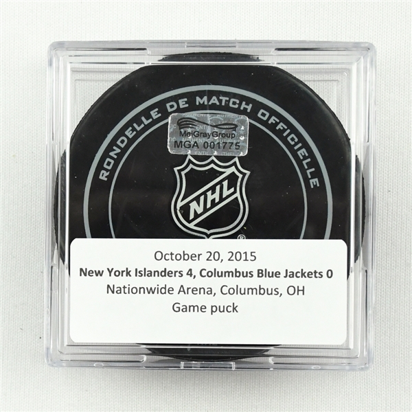 Columbus Blue Jackets - Game Puck - Oct. 20, 2015 vs. Islanders (Blue Jackets Logo) - Jaroslav Halaks 37th Career Shutout