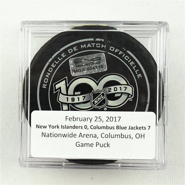 Columbus Blue Jackets - Game Puck - Feb. 25, 2017 vs. Islanders (Blue Jackets Logo) - Joonas Korpisalos 1st Career Shutout