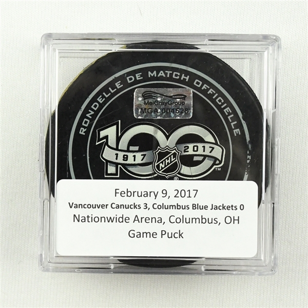 Columbus Blue Jackets - Game Puck - Feb. 9, 2017 vs. Canucks (Blue Jackets Logo) - Ryan Millers 39th Career Shutout