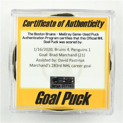 Brad Marchand - Bruins - Goal Puck - January 16, 2020 vs. Pittsburgh Penguins (Bruins Logo)