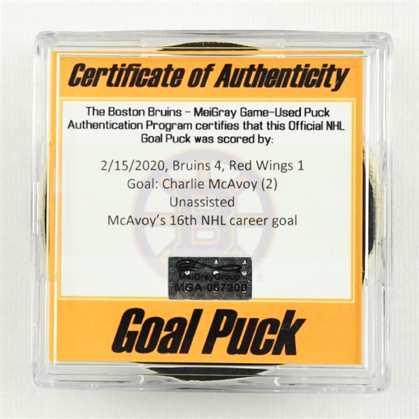 Charlie McAvoy - Bruins - Goal Puck - February 15, 2020 vs. Detroit Red Wings (Bruins Logo)