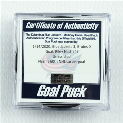 Riley Nash - Columbus Blue Jackets - Goal Puck - January 14, 2020 vs. Bruins (Blue Jackets Logo) - Elvis Merzlikins 2nd NHL Career Shutout