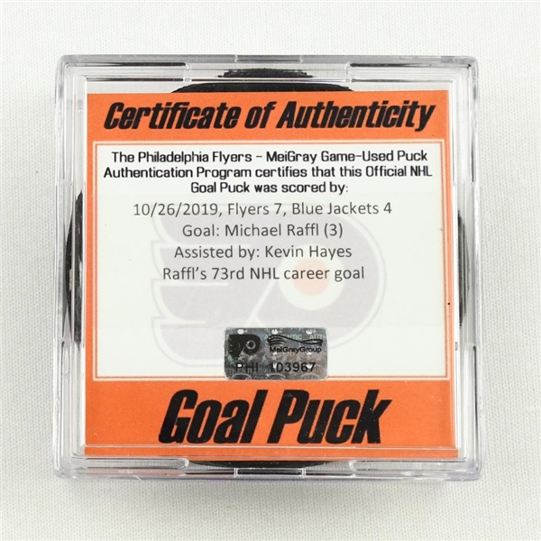 Michael Raffl - Philadelphia Flyers - Goal Puck - October 26, 2019 vs. Columbus Blue Jackets (Flyers Logo)