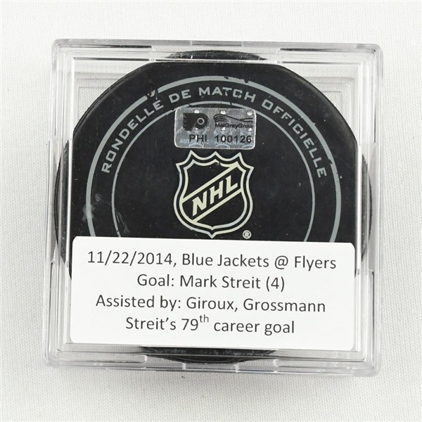 Mark Streit - Philadelphia Flyers - Goal Puck - November 22, 2014 vs. the Columbus Blue Jackets (Flyers Logo)