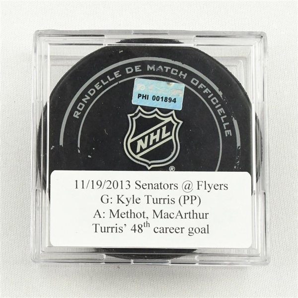Kyle Turris - Ottawa Senators - Goal Puck - November 19, 2013 vs. the Philadelphia Flyers (Flyers Logo) 